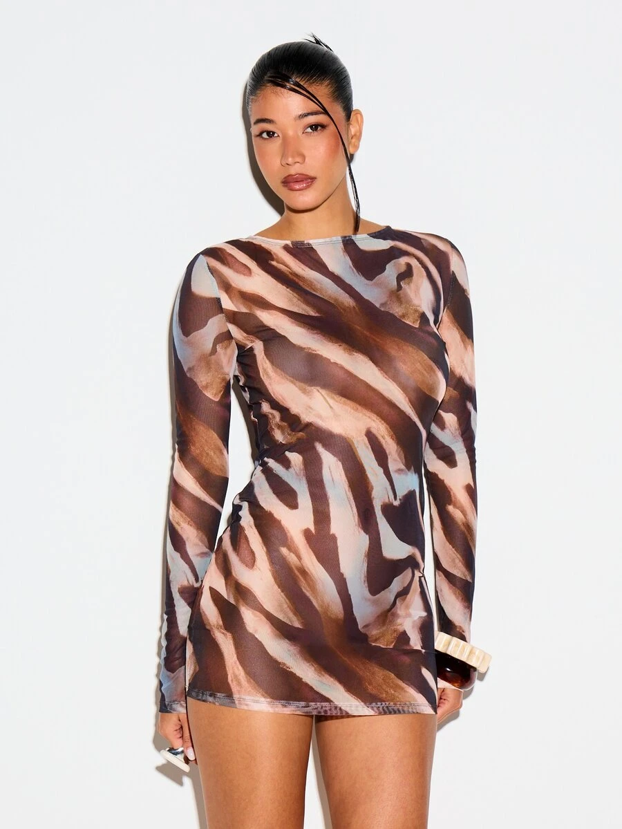 KIZN Printed Mini Dress Long Sleeve Boat Neck Abstract Watercolor Animal Print Bodycon Party Night Out - Brown - View 1