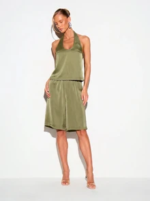 KIZN Satin Long Bermuda Shorts With Elastic Waist, Knee-Length Wide-Leg Silhouette, Summer Resort Wear - Green - View 4