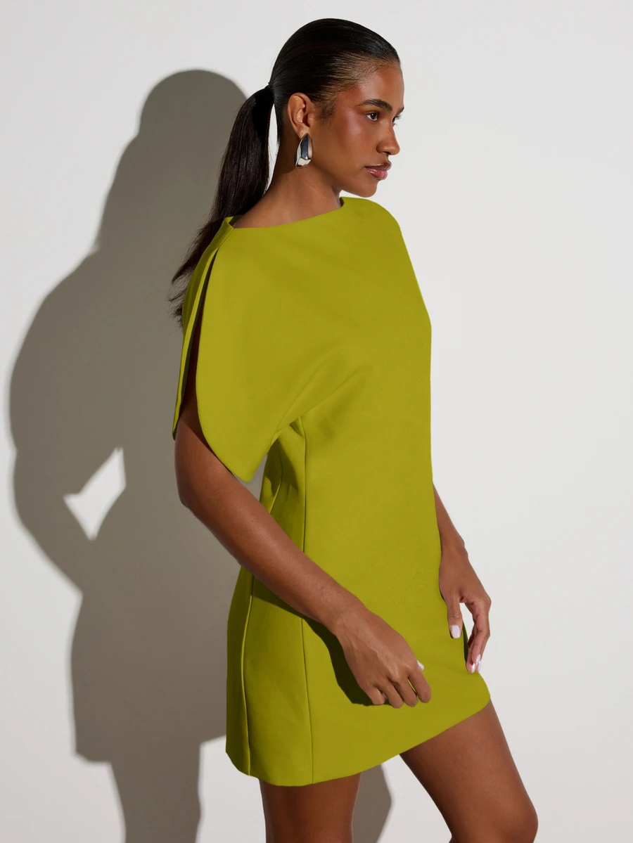 KSTM Structured Cape Sleeve Mini Dress With Open Shoulders - Party Event Occasion Shift Dress - Lime Green - View 1