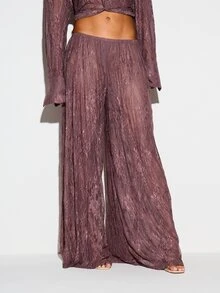 KIZN Floral Lace Wide Leg Trouser With Elastic Waist Semi Sheer Palazzo Style Full Length Pants - Purple - View 1