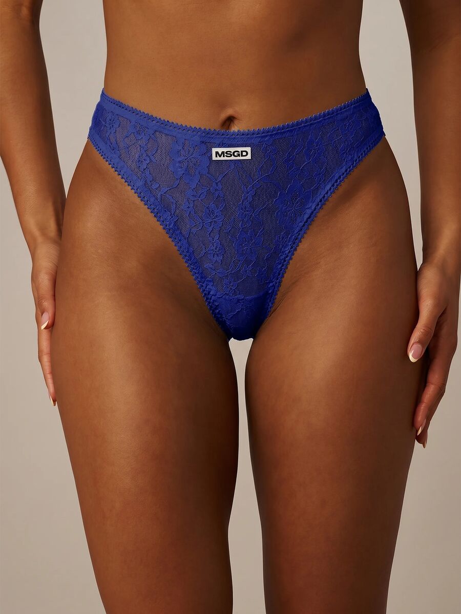 MISSGUIDED MSGD Branded Lace Thong Floral Lace High-Cut Cheeky Underwear With Logo Detail, Perfect For Valentine's Day - Blue - View 1