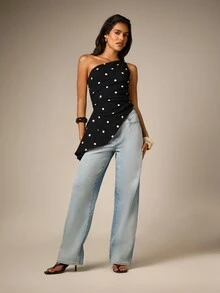 AiiRZ One Shoulder Black And White Polka Dot Peplum Top With Asymmetric Hem And Ruched Waist Detail Brunch Summer French Elegant - Black and White - View 3