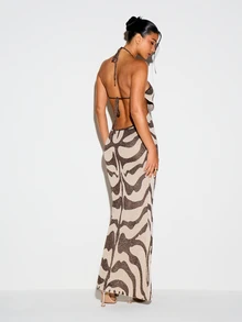 KIZN Metallic Zebra Print Halter Neck Maxi Knit Dress With Open Back Cut-Out Detail And Tie Closure For Evening Party - Multicolor - View 2