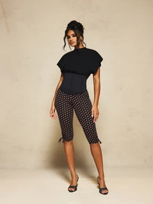 MISSGUIDED X Carli Bybel 波點側開衩七分褲 夏季休閒時尚短褲 - 巧克力棕 - 查看 6