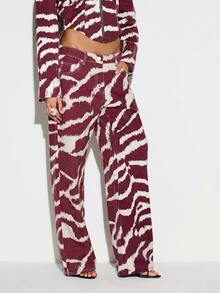 KIZN Zebra Print Wide Leg Jeans With Hotfix Embellishments Low Rise Denim Pants Animal Print Trousers - Burgundy - View 5
