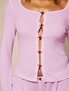 MISSGUIDED X Carli Bybel Pointelle Knit Lounge Set With Long Sleeve Button-Up Cardigan And Ruffle Hem Shorts With Rose Detail - Pink - View 6
