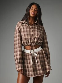 MISSGUIDED 格紋短版鈕扣開襟襯衫，抽繩下擺長袖領口法蘭絨上衣，秋冬款 - 彩色 - 查看 2