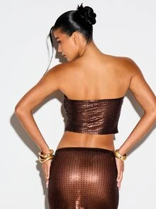 KIZN Metallic Hotfix Rhinestone Strapless Bandeau Crop Top Shimmering Party Night Out Festival Summer - Brown - View 2