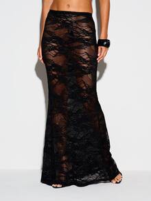 KIZN Sheer Lace Fishtail Maxi Skirt Floral Bodycon Floor Length Mermaid Hem Elegant Goth Sexy Evening Party Night Clubbing Style Halloween Black Summer - Black - View 1