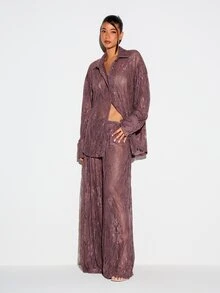 KIZN Floral Lace Wide Leg Trouser With Elastic Waist Semi Sheer Palazzo Style Full Length Pants - Purple - View 3