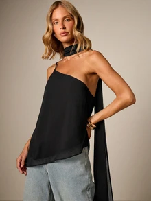AiiRZ One Shoulder Asymmetric Halter Top With Draped Cape Back And Scarf Neck Detail - Black - View 5