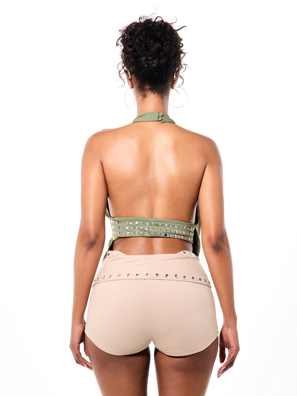 SUMWON WOMEN Sage Halter Neck Draped Top With Studded Waist Band Open Back Plunge Neckline Festival Style