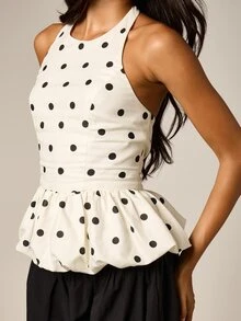 AiiRZ Polka Dot Halter Neck Bubble Peplum Hem Sleeveless Top With Ruffle Detail Summer Party Blouse - Black and White - View 2