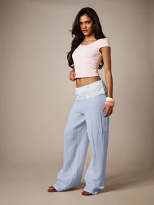 MISSGUIDED 寬腿紗布褲配蕾絲腰帶，飄逸波希米亞風夏季海灘度假長褲 - 藍色 - 查看 5