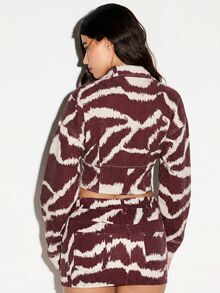 KIZN Zebra Print Denim Mini Skirt With Hotfix Embellishments Low Rise Button Closure Front Pockets Festival Party - Burgundy - View 4