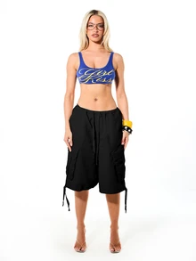 SUMWON WOMEN Washed Cargo Baggy Jorts With Elastic Waist Drawstring Multi-Pocket Summer Bermuda Shorts Everyday Going Out Black Streetwear Casual - Black - View 5