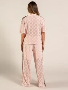 Rouah Women's Floral Lace Mesh Casual Blouse And Mesh Lined Jogger Pant Set - Vacay Outfit, Summer Outfit, Summer 2 Piece Set, Casual Daily Outfit, Resort Outfit For Summer - Pink - View 2