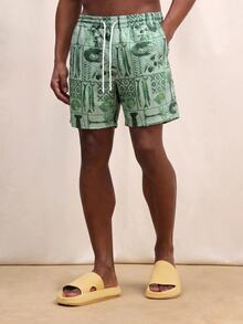 SUMWON Tropical Marine Print Swim Shorts With Drawstring Waist And Side Pockets For Summer Beach Vacation - Green - View 3