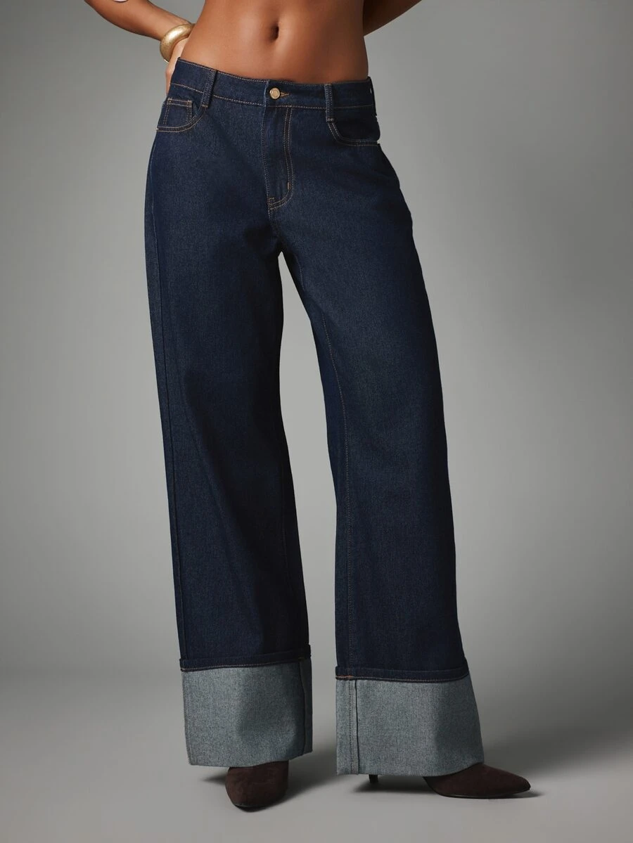 MISSGUIDED Mid Rise Straight Leg Jeans With Wide Turn Up Cuff Detail Dark Wash Denim Vintage Style Trouser - Navy Blue - View 1
