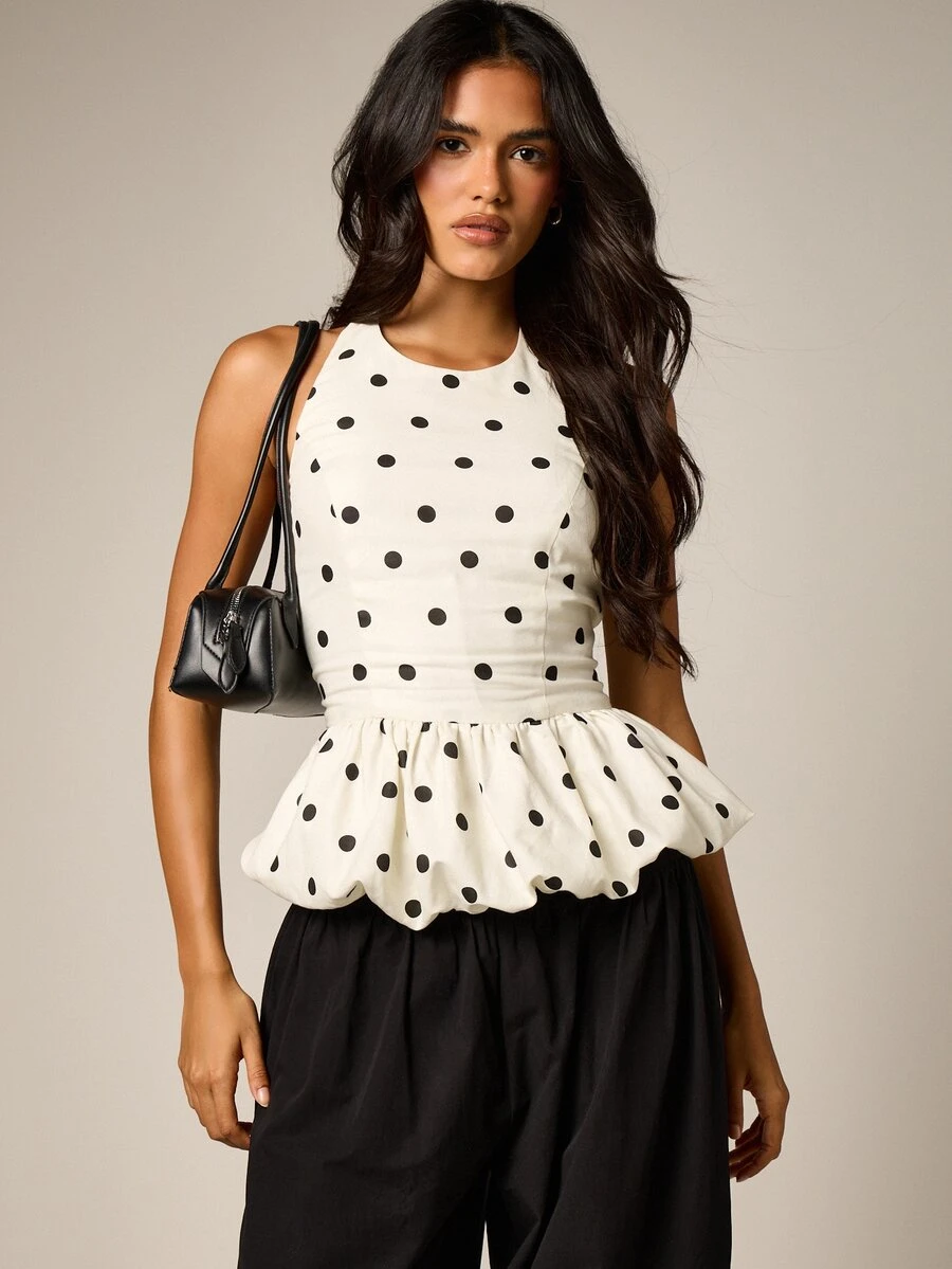 AiiRZ Polka Dot Halter Neck Bubble Peplum Hem Sleeveless Top With Ruffle Detail Summer Party Blouse - Black and White - View 1