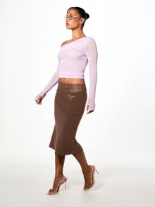 BABYPHAT Lace Trim Low Waist Jersey Midi Skirt With Embroidered Logo Detail - Chocolate Brown - View 5