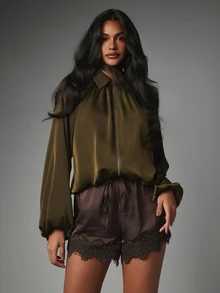 MISSGUIDED Satin Lace Trim Drawstring Shorts Mini High Waist Elegant Luxe Summer Evening Style - Brown - View 2