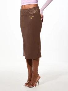 BABYPHAT Lace Trim Low Waist Jersey Midi Skirt With Embroidered Logo Detail - Chocolate Brown - View 1