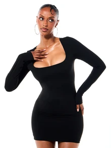 SUMWON WOMEN Slinky Stretch Square Neck Long Sleeve Bodycon Mini Dress Party Night Out Club Fitted Style - Black - View 1