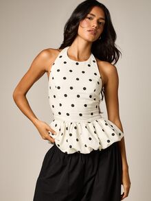 AiiRZ Polka Dot Halter Neck Bubble Peplum Hem Sleeveless Top With Ruffle Detail Summer Party Blouse - Black and White - View 6