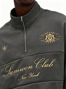 SUMWON Quarter Zip Mock Neck Sweatshirt With Gold Script Embroidery And Badge Casual Pullover Top - Dark Grey - View 4