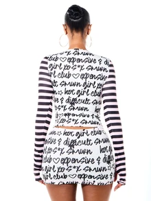 SUMWON WOMEN Crop top a maniche lunghe con stampa di testo graffiti, maniche a righe a contrasto e girocollo - Multicolore - Visualizzare 2