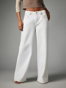 MISSGUIDED Mid Rise Baggy Wide Leg Jeans Contrast Stitching Five Pocket Denim Relaxed Fit Full Length Pants Spring Summer - White - View 1