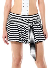 SUMWON WOMEN Striped Bubble Mini Shorts With Contrast Vertical Stripe Tie Drape Detail Elastic Waist Summer Festival - Black and White - View 3