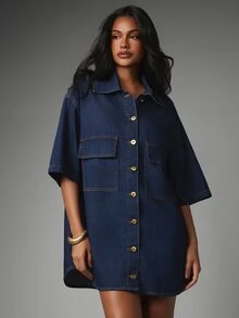 MISSGUIDED Oversized Boxy Mini Denim Shirt Dress With Cargo Pockets Button-Down Collared Short Sleeve Summer Casual - Dark Wash - View 4