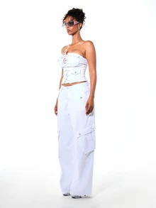 SUMWON WOMEN Twill Baggy Wide Leg Cargo Trousers With Multi Button Pockets And Adjustable Details Full Length - White - View 4