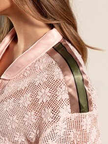 Rouah Women's Floral Lace Mesh Casual Blouse And Mesh Lined Jogger Pant Set - Vacay Outfit, Summer Outfit, Summer 2 Piece Set, Casual Daily Outfit, Resort Outfit For Summer - Pink - View 5
