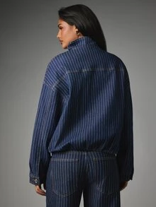 MISSGUIDED Pinstripe Funnel Neck Bomber Jacket In Dark Wash Denim With Oversized Fit And Long Sleeves For Fall Winter - Dark Wash - View 6