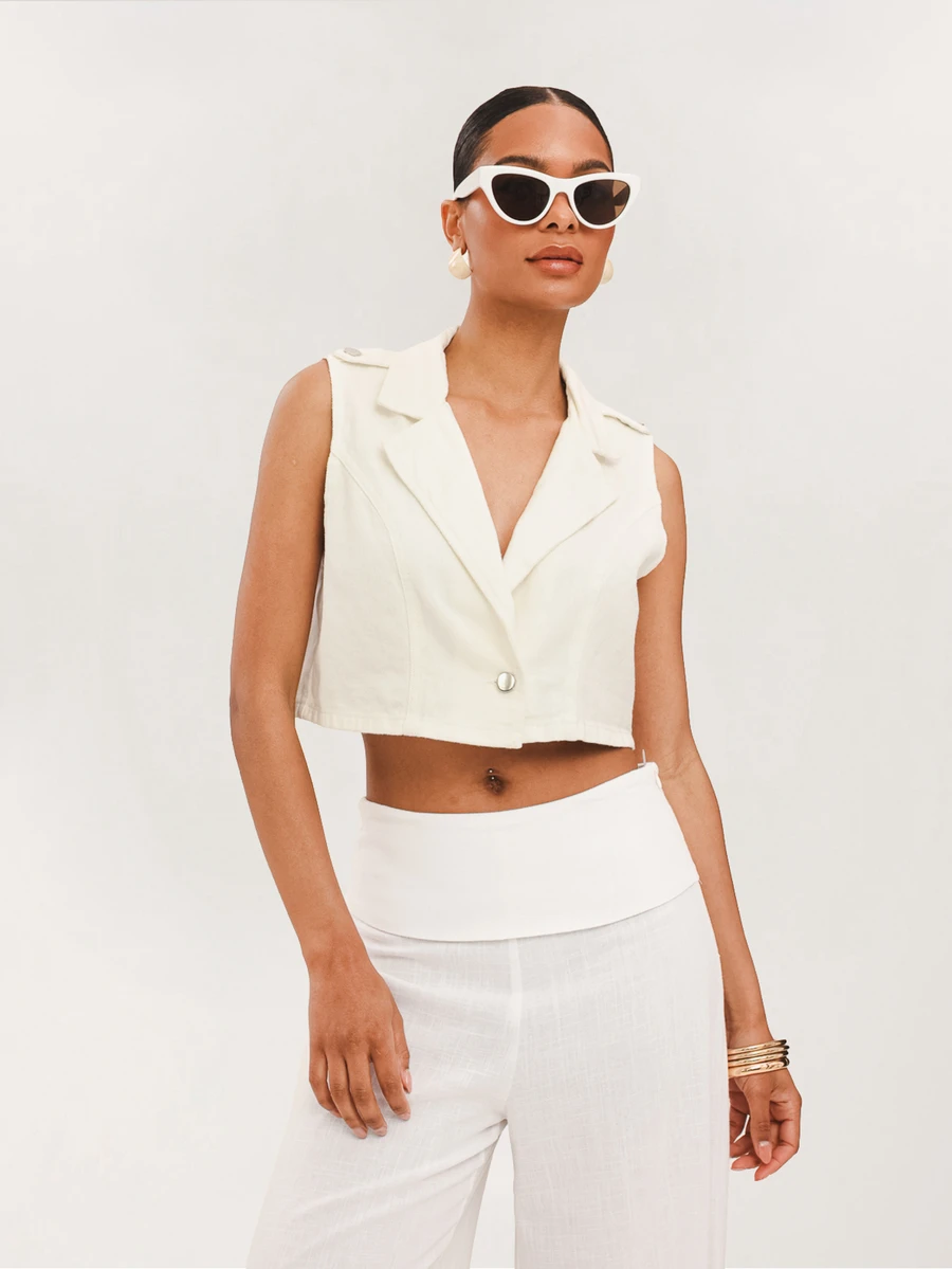 Dancing Leopard Colete Cropped de Denim Branco com Ajuste Boxy, Looks de Verão para Mulheres, Top de Férias - Branco - Visão 1