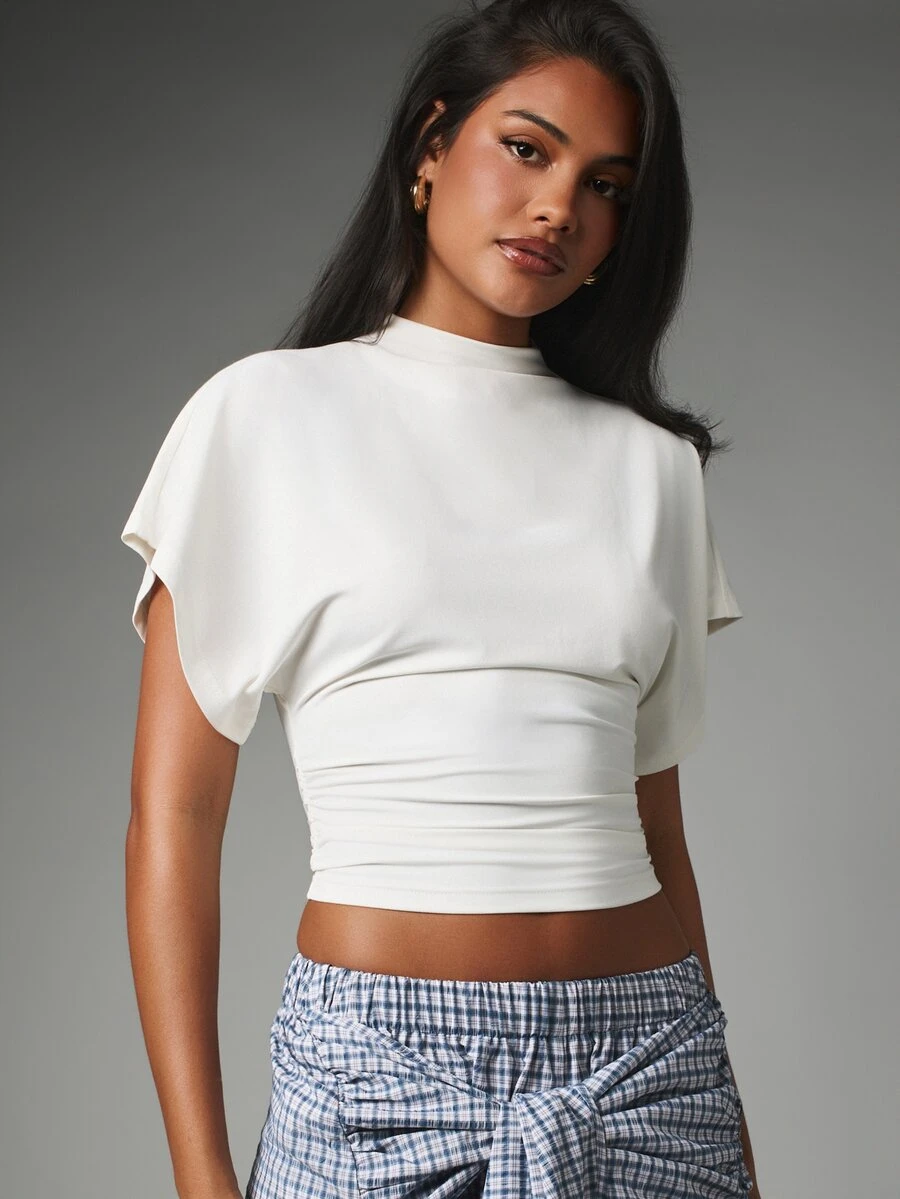 MISSGUIDED Mock Neck Cape Sleeve Crop Top With Gathered Ruched Waist Detail Elegant Summer Style - White - View 1