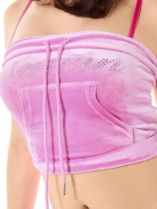 SUMWON WOMEN Velour Crop Bandeau Top With Rhinestone Hot Fix Detail And Drawstring Front Tie Y2K Style - Pink - View 7