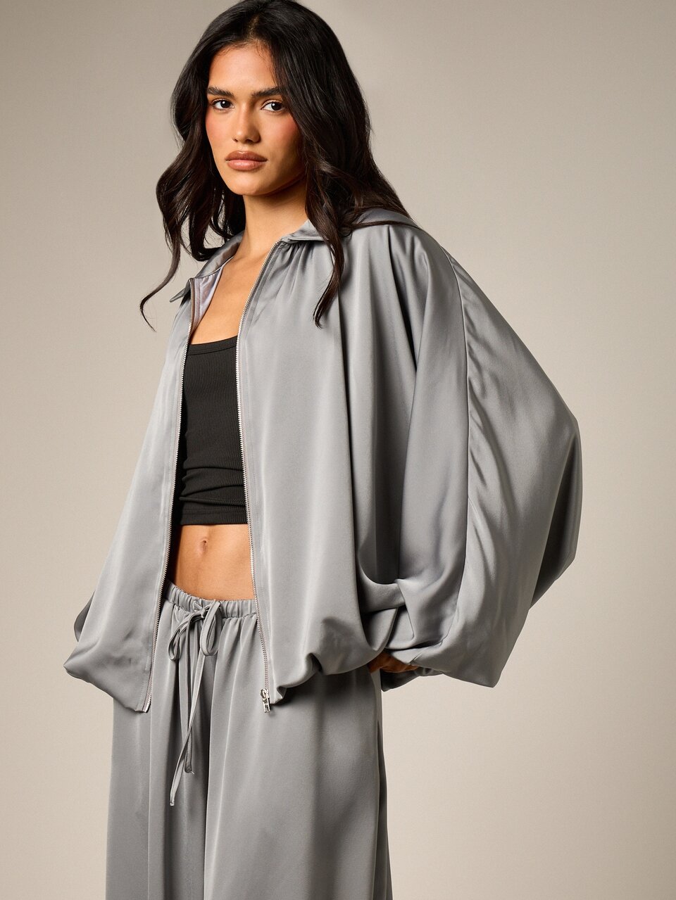 AiiRZ Satin Bubble Hem Jacket With Batwing Sleeves