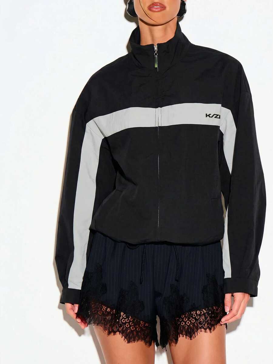 KIZN Color Block Full-Zip Windbreaker Jacket With Panel Detail And Stand-Up Collar For Casual Everyday Wear - Black - View 1