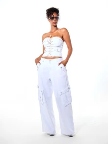 SUMWON WOMEN Twill Baggy Wide Leg Cargo Trousers With Multi Button Pockets And Adjustable Details Full Length - White - View 5
