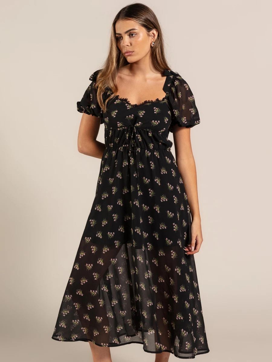 Rouah Womens Sheer Lined Ditsy Floral Midi Dress For Summer - Casual Summer Dress, Office Dress, Day Dress - Black - View 1