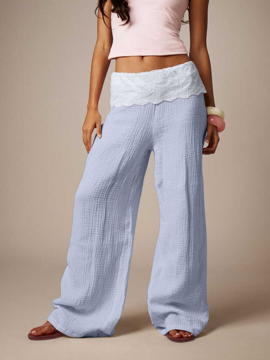 MISSGUIDED 寬腿紗布褲配蕾絲腰帶，飄逸波希米亞風夏季海灘度假長褲 - 藍色 - 查看 1
