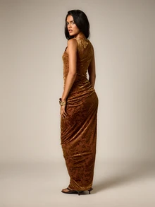 AiiRZ Stretch Devore Velvet Ruched Maxi Dress With Floral Burnout Texture, Sleeveless Bodycon Silhouette, Evening Formal Gown - Multicolor - View 3