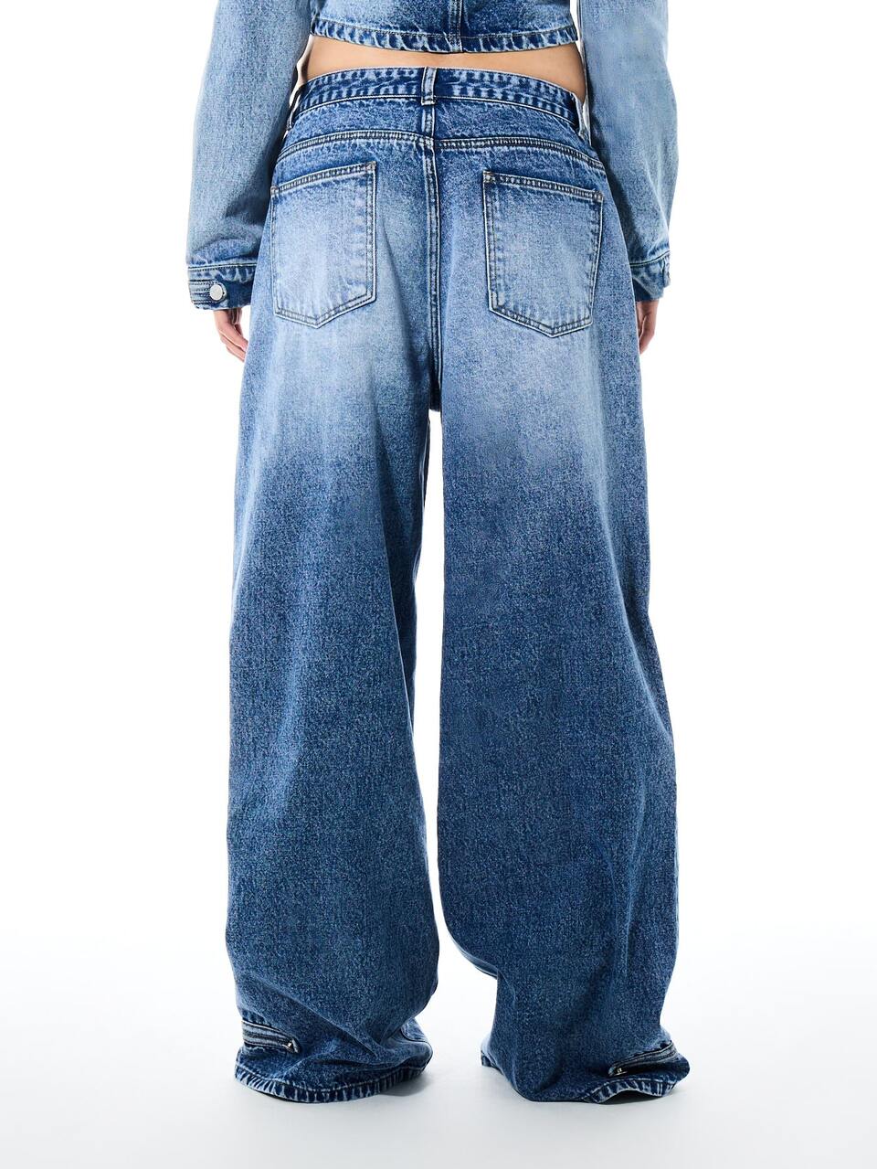 SUMWON WOMEN Wide Leg Baggy Jeans With Napoleon Button Detailing Low Rise Full Length Denim Washed Cargo-Style Pockets