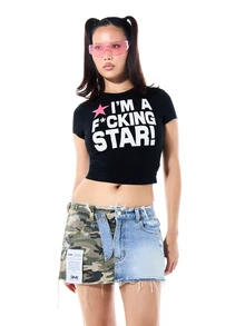 SUMWON WOMEN Deconstructed Spliced Denim And Camo Mini Skirt With Raw Frayed Hem Cargo Pockets Summer Festival Style - Multicolor - View 6