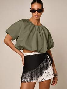 AiiRZ 夏季棉質府綢泡泡袖短版上衣，泡泡下擺與抓褶領口設計 - 軍綠色 - 查看 1