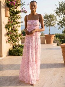 Rouah Womens Floral Ditsy Print Open Tie Front Layered Lightweight Top & Tiered Ruffle Maxi Skirt - Maxi Skirt And Top Set, Summer Set, Vacay Set, Boho Summer Set, Summer Brunch Set - Multicolor - View 7